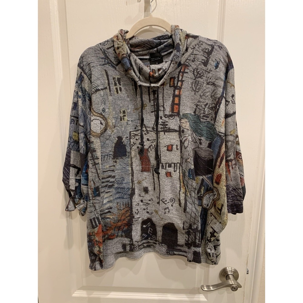 Inoah "Music Tower Print", soft Knit, Cowl Neck Draw String Shirt Sz S‎